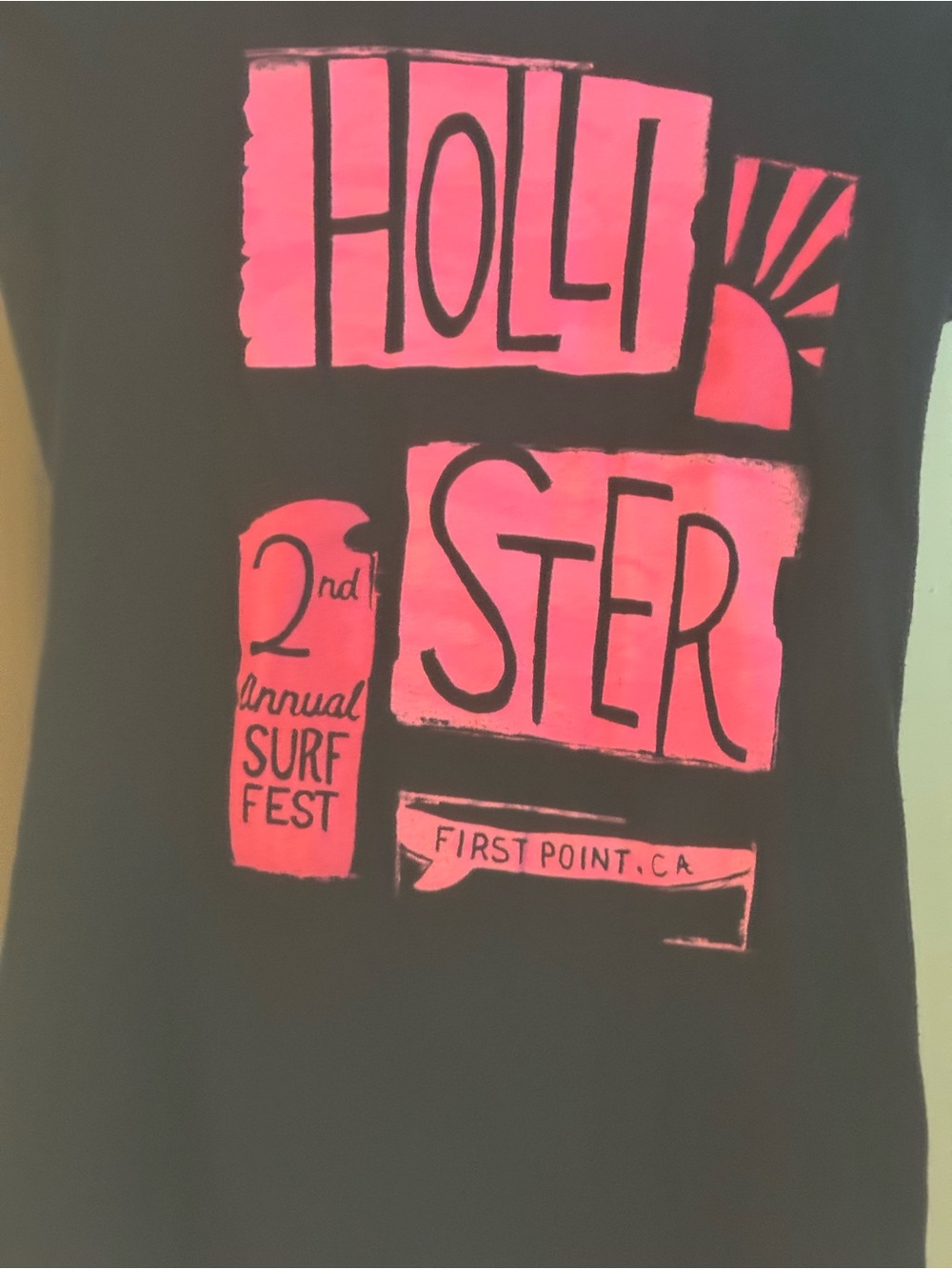 Hollister Black Tee with Neon Pink Surf Graphic